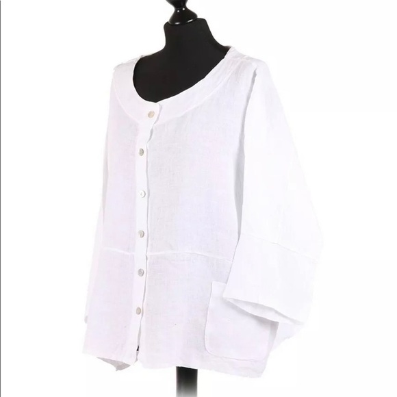 Top Jacket One Size fits 14-18 Front Button Linen White 3/4th Sleeves Pockets - Picture 3 of 4